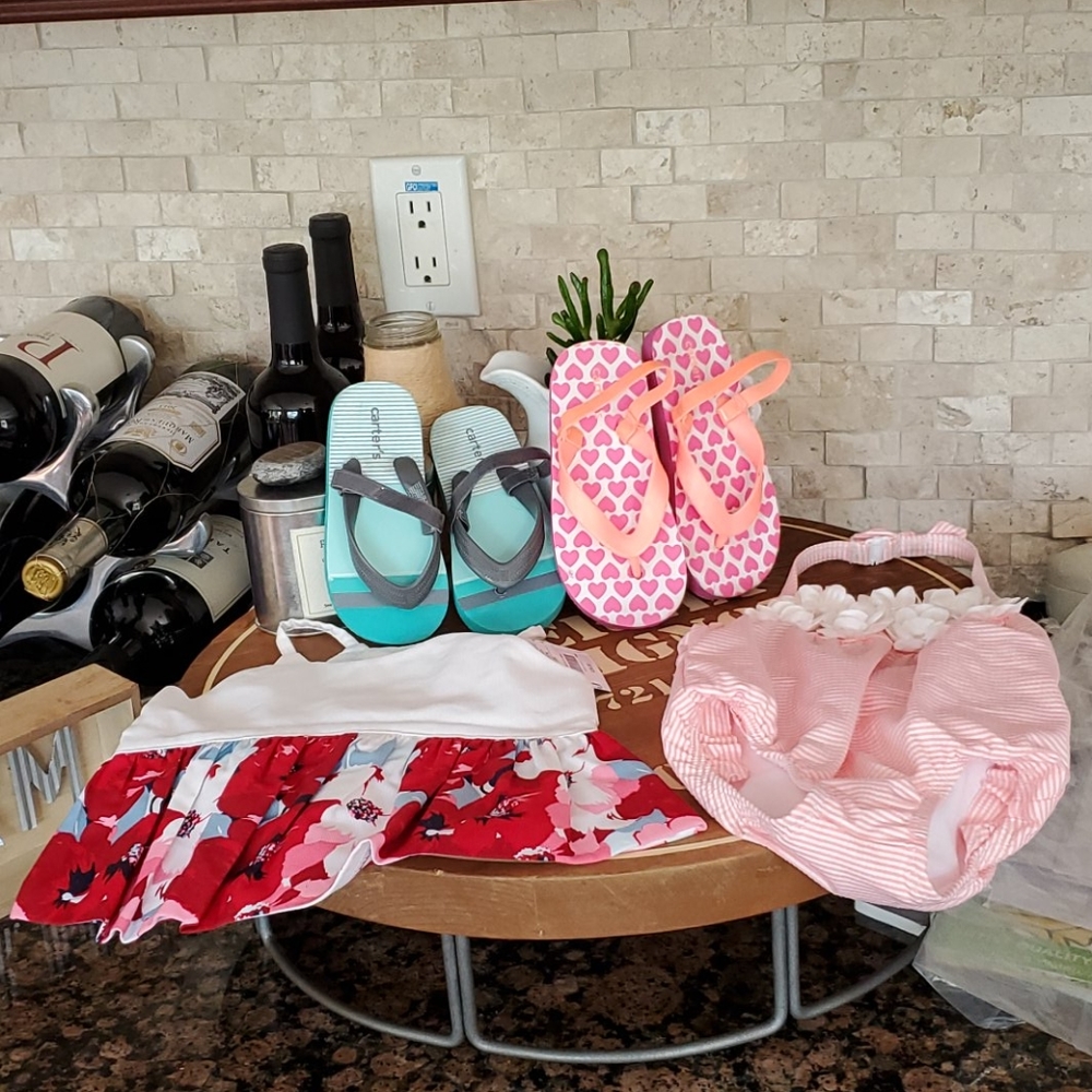 NWT Janie and Jack top, suit, Carter's flipflops